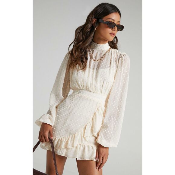 NWT Showpo. Tiahna Long Sleeve High Neck Ruffle Swiss Dot Dress in Cream Size 6 - Picture 2 of 15